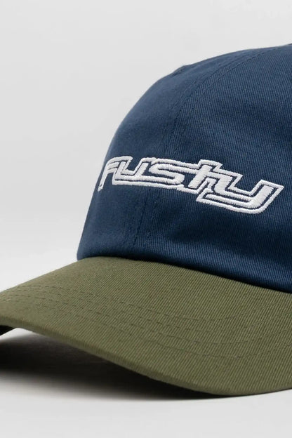 Rusty Rusty Road Trip Dad Cap in Navy Blue with 'Rusty' logo on a light gray background