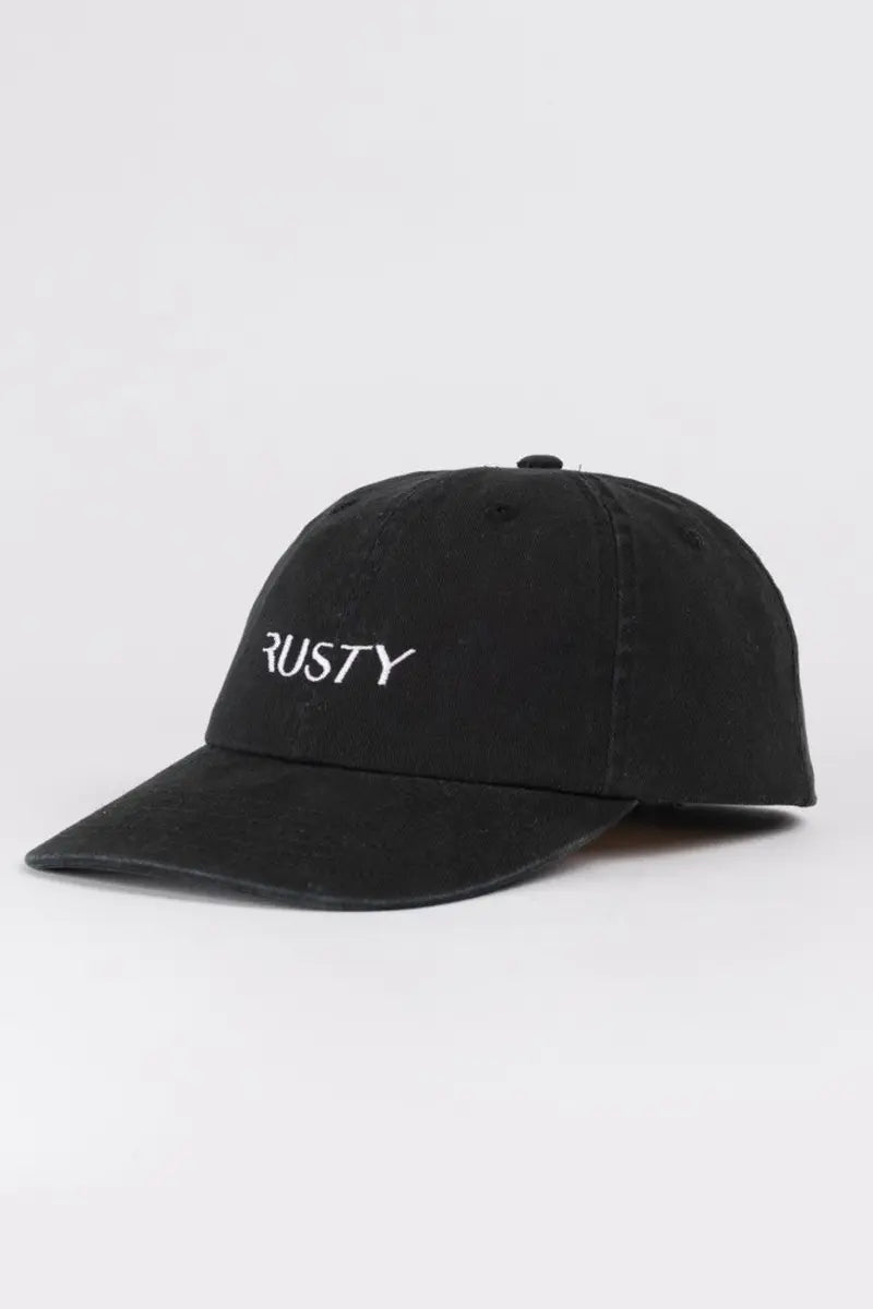 3/4 view of the Rusty Women's Embroidered Adjustable Cap in Black