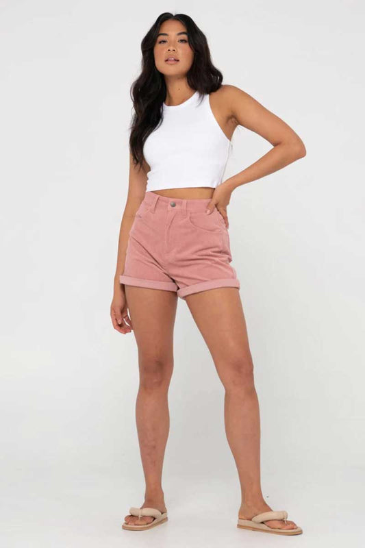 full view of model wearing the Rusty Women's Shorts The Secret Cord in Vintage Pink