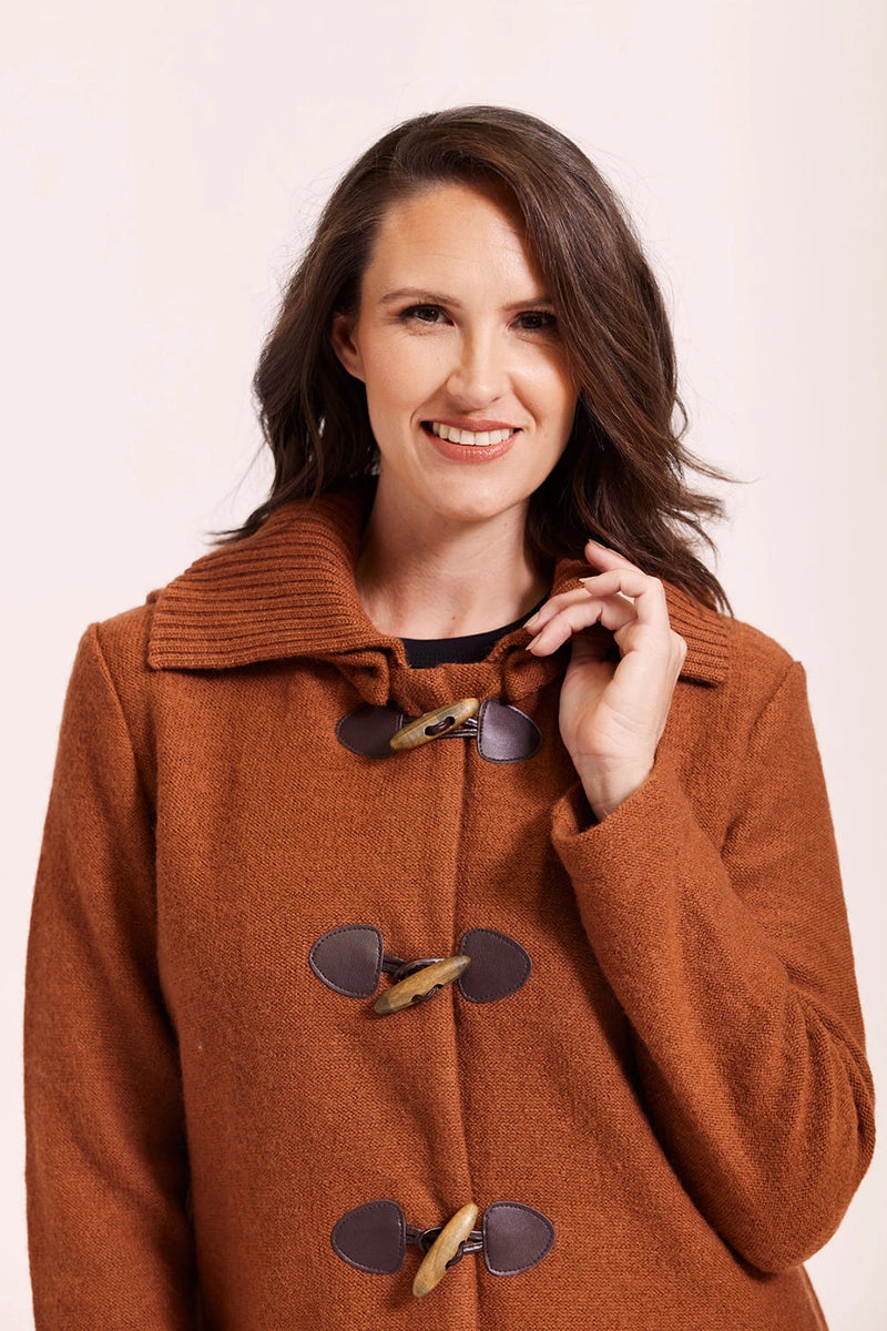 See Saw Boiled Wool Duffle Rib Collar Coat in Nutmeg front detail view