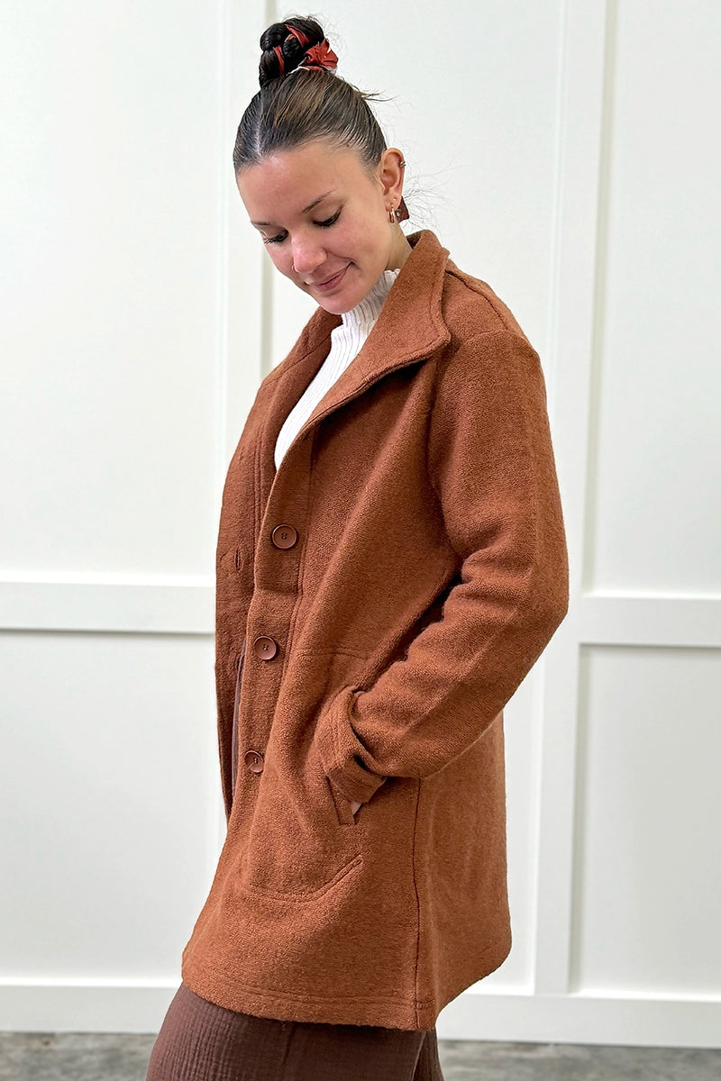 See Saw Boiled Wool Funnel Neck Coat in Nutmeg side view