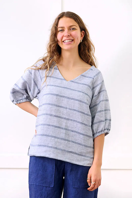 See Saw Linen 3/4 Sleeve V Neck Top