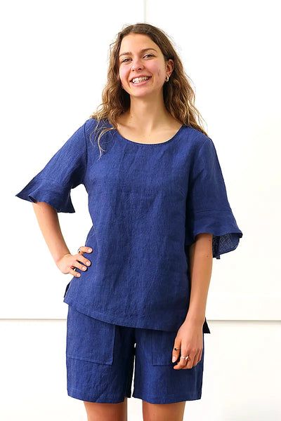 See Saw Linen Flutter Sleeve Top in Navy front