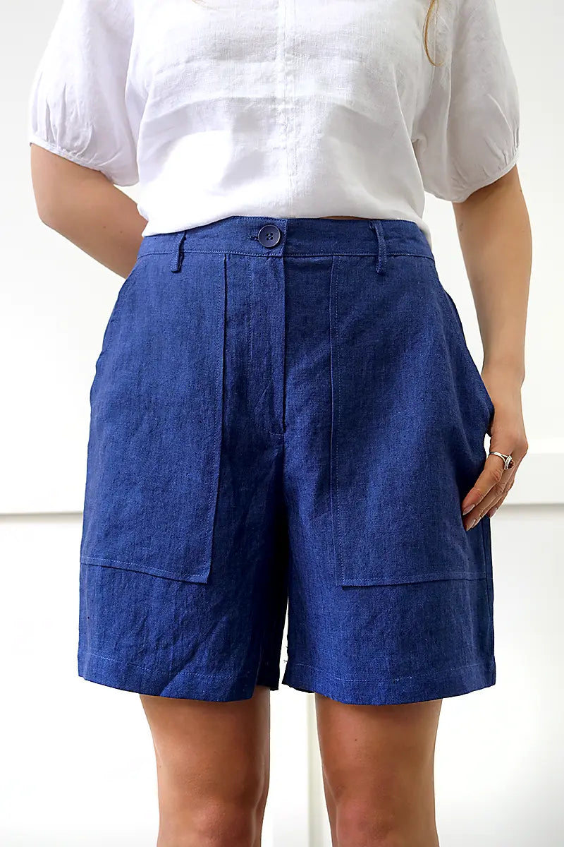 front of the See Saw Linen Midi Short in Navy