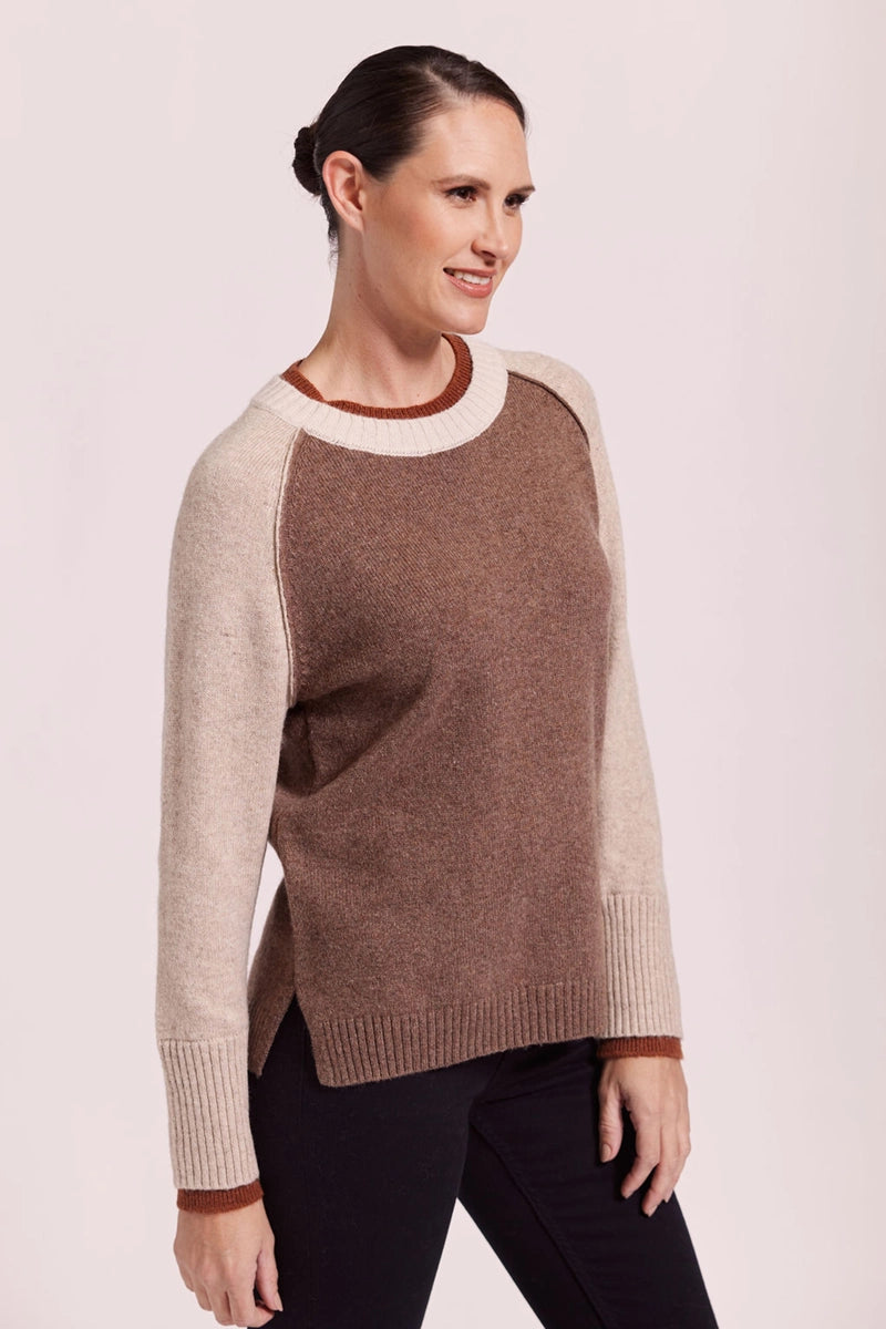 See Saw Spliced Crew Neck Sweater In Mocha Combo side view
