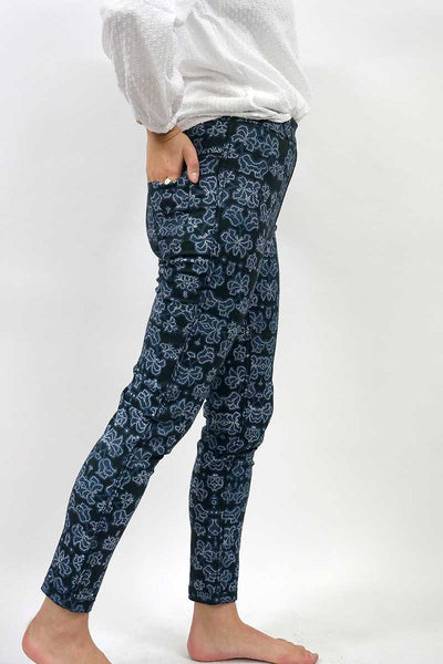 side view of the black patterned option on the Orientique reversible pants