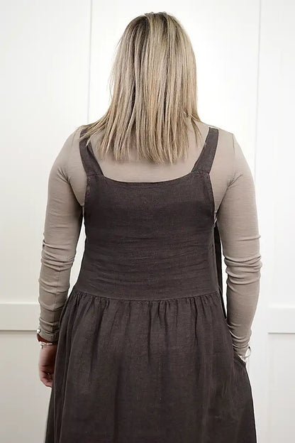 Sofia Linen Pinafore Dress – Dark Chocolate back view with chille merino wisper top in latte