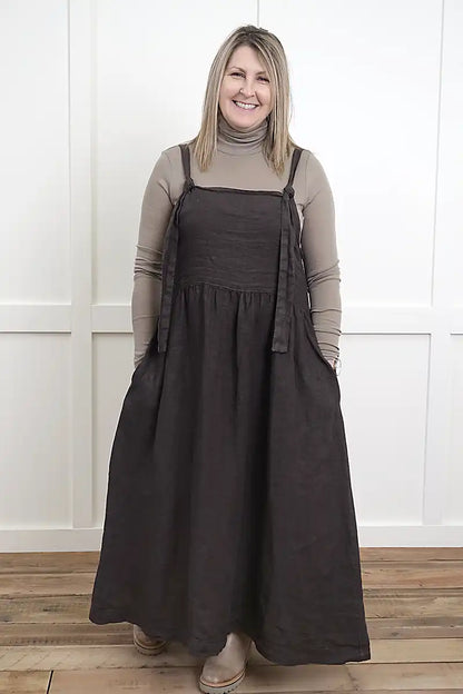 Sofia Linen Pinafore Dress – Dark Chocolate front view with latte Chille merino wisper top