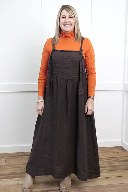Sofia Linen Pinafore Dress  Dark Chocolate  Chille