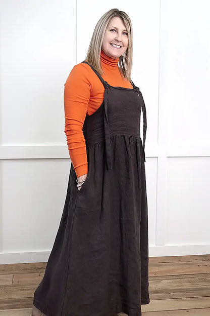 Sofia Linen Pinafore Dress – Dark Chocolate