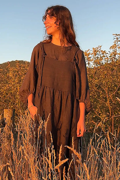 Sofia Linen Pinafore Dress – Dark Chocolate – Chille