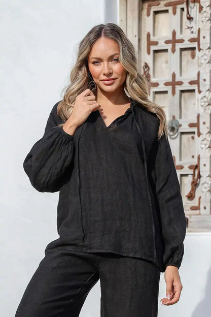 Sophia Italian Linen Blouse – Effortless Elegance in Classic Black front view