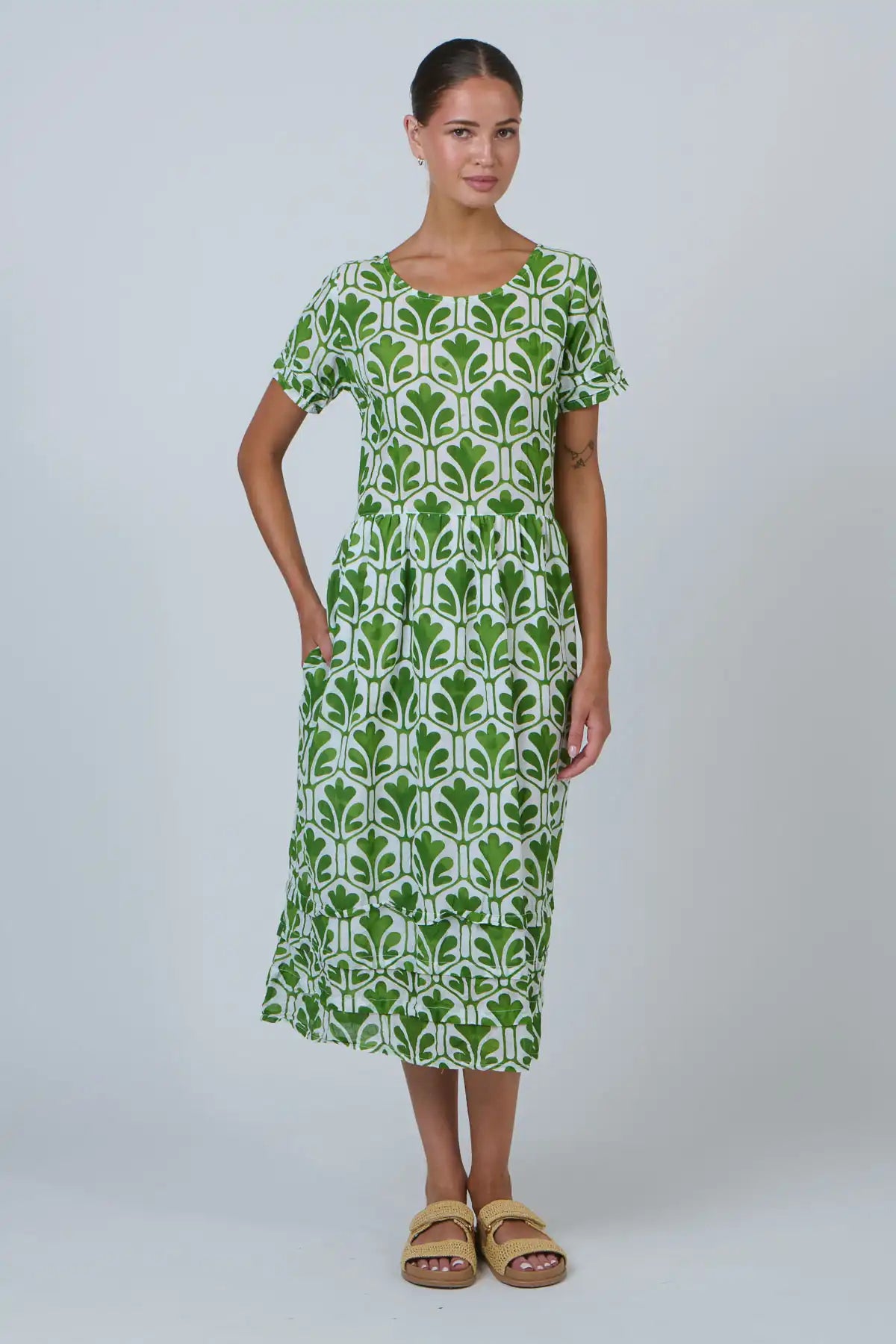 model wearing green and white print dress against a white background