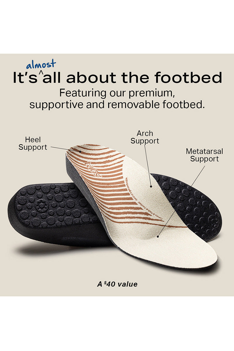 Taos info about footbed - featuring our premium supportive and removable footbead, with heel support, arch support and metatarsal support