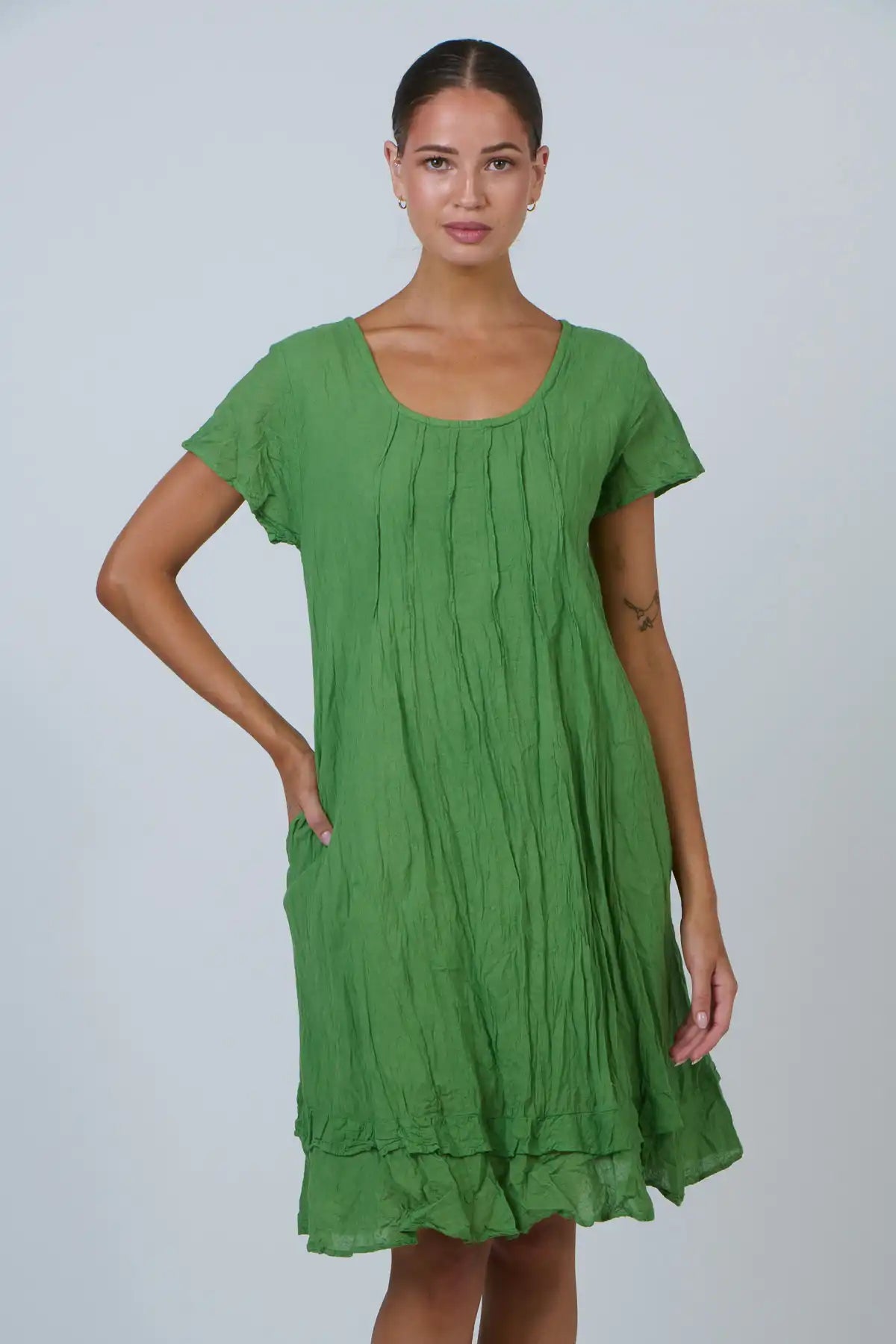 Tidal Pleat Crinkle Cotton Dress — Apple Green