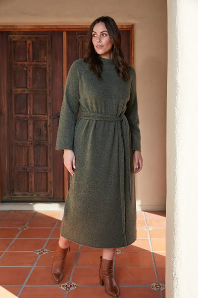 Front view of the Paarl Tie Knit Dress in Moss by Eb & Ive with waist tie