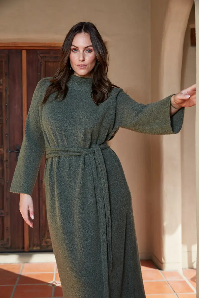 Paarl Tie Knit Dress in Moss by Eb & Ive front with waist tie close up view