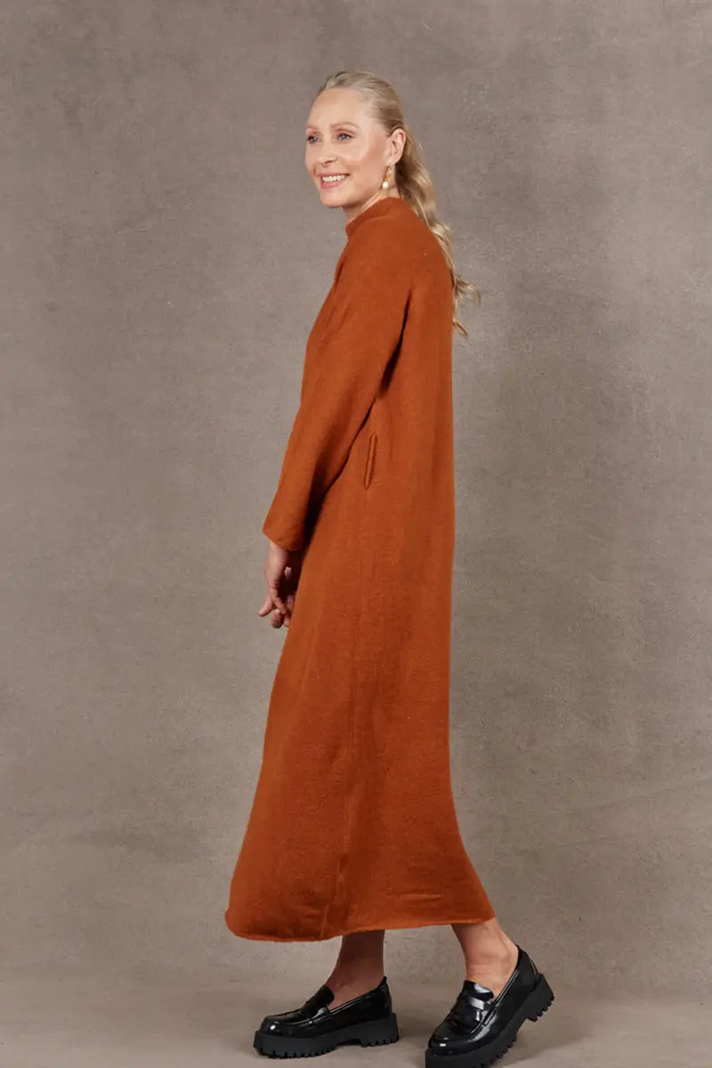 side view of the Paarl Tie Knit Dress in Ochre by Eb & Ive without waist tie on