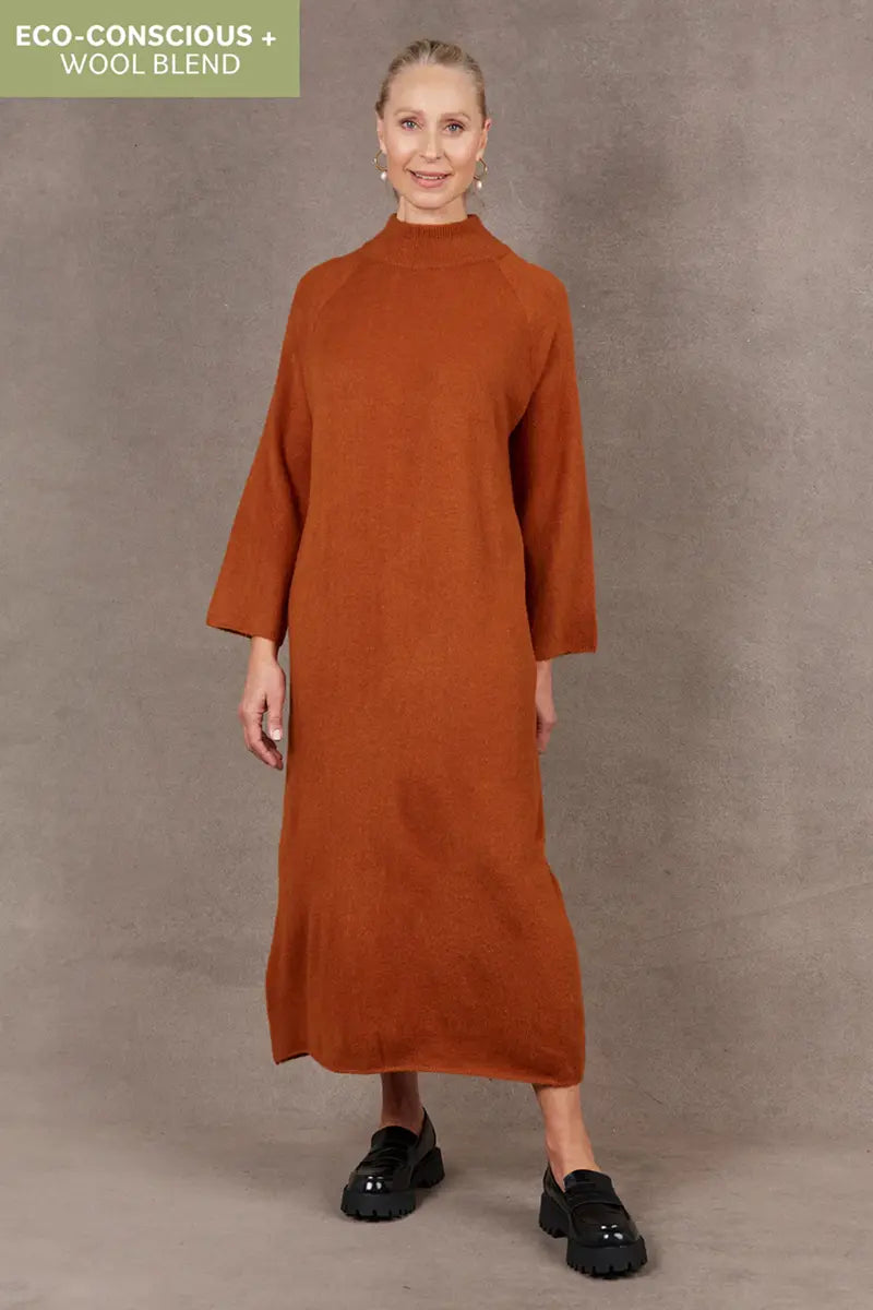 front view of the Paarl Tie Knit Dress in Ochre by Eb & Ive without the waist tie