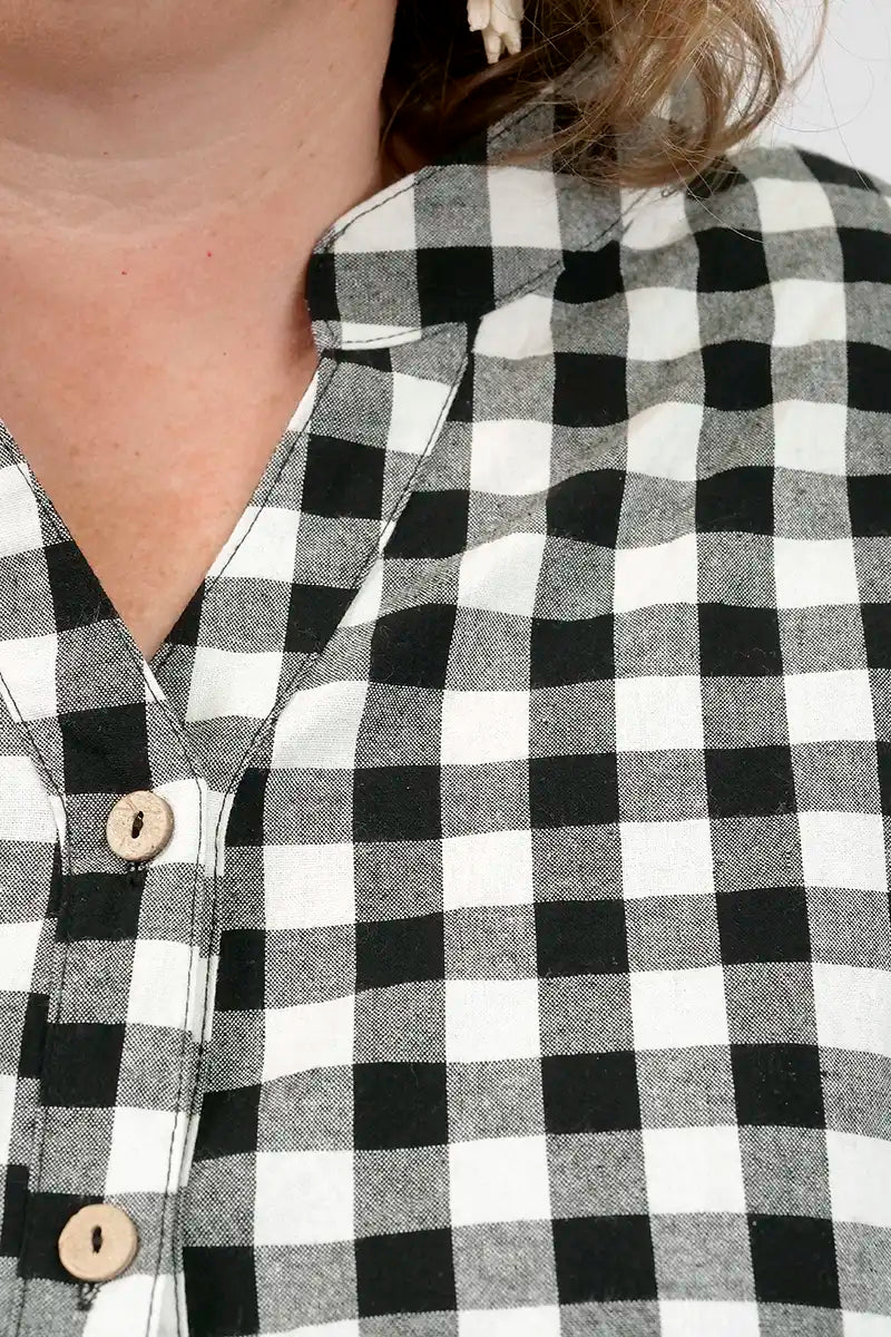 Tilly Linen Blend Blouse in Black Gingham neckline detail