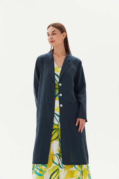 Tirelli womens linen duster coat in dark ocean