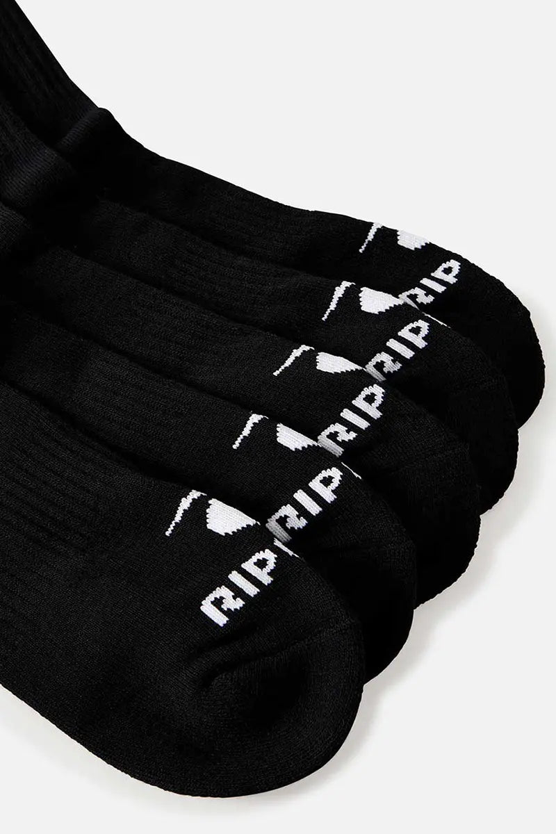 toe and logo detail on Rip Curl Men's Brand Crew Socks 5 Pack in Black