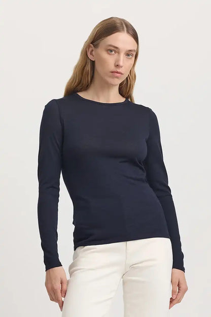 Toorallie Crew Merino Tee in French Navy front view untucked