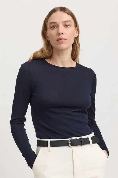 Toorallie Crew Merino Tee in French Navy front view tucked in