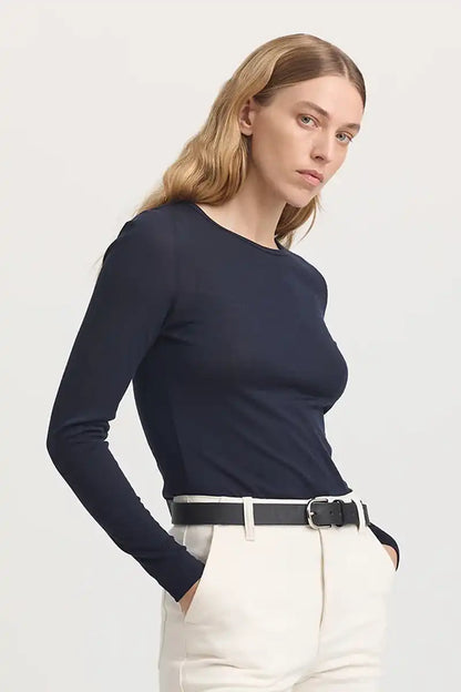 Toorallie Crew Merino Tee in French Navy side view