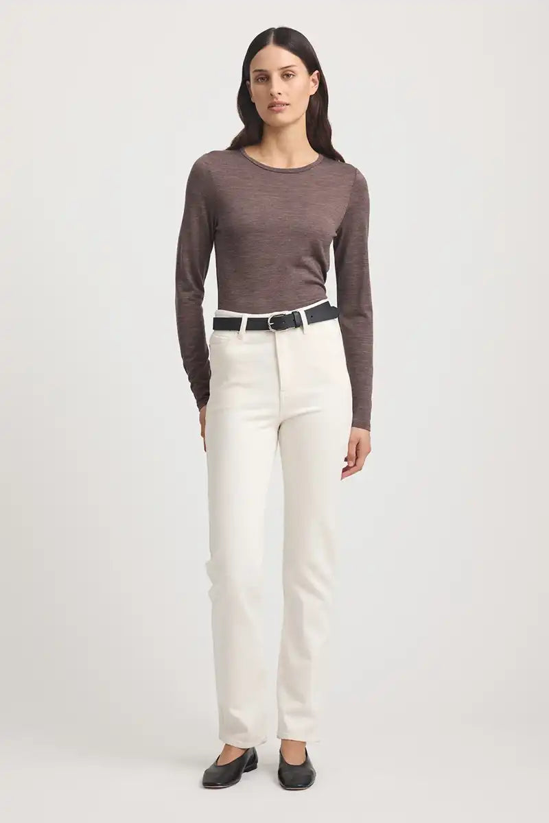 Toorallie Crew Merino Tee in Mocha full model front view