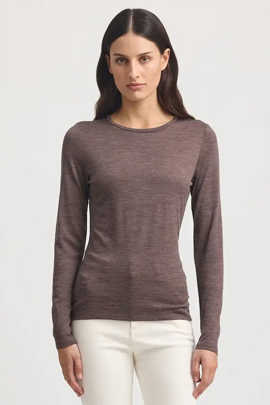 Toorallie Crew Merino Tee in Mocha front view untucked