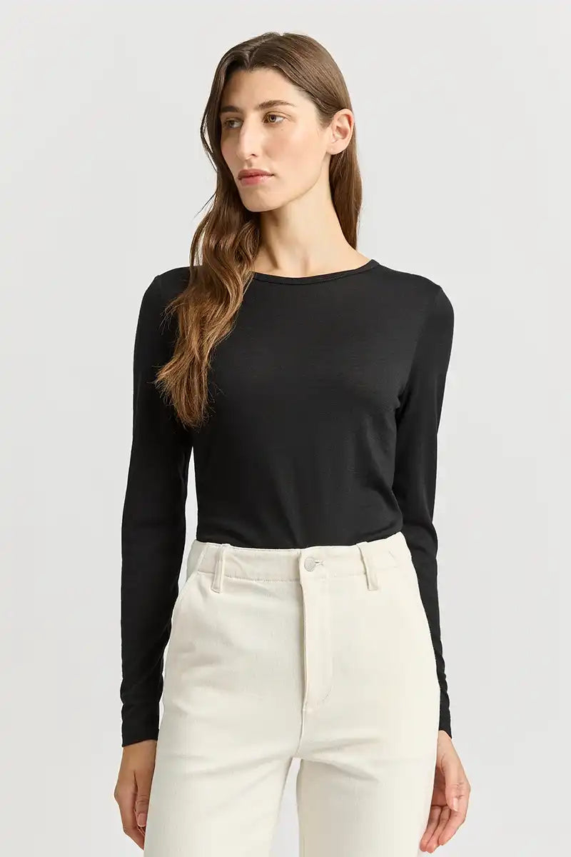 Toorallie Crew Merino Tee in Black front view tucked in