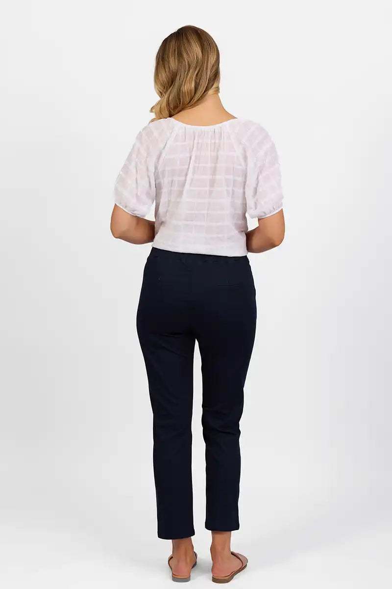 Vassalli Ankle Grazer Pant - Slim Leg Elastic Waist in Navy back view