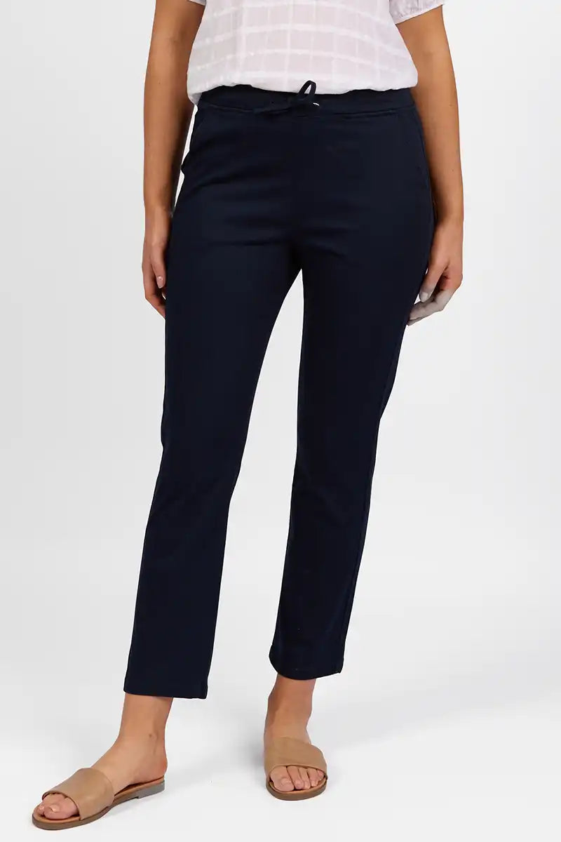 Vassalli Ankle Grazer Pant - Slim Leg Elastic Waist in Navy front detailed view