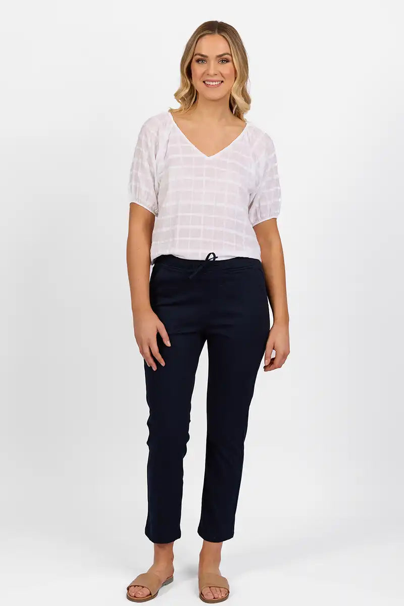 Vassalli Ankle Grazer Pant - Slim Leg Elastic Waist in Navy front