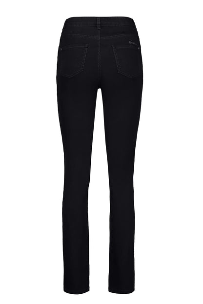 Vassalli Black Denim Slim Leg Full Length Jean with Heavy Top Stitch back flat lay view
