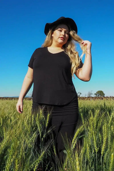 Veronica V Neck Bamboo Tee in Black front
