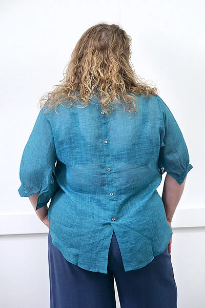 Women's Button Back Linen Shirt in Emerald back view