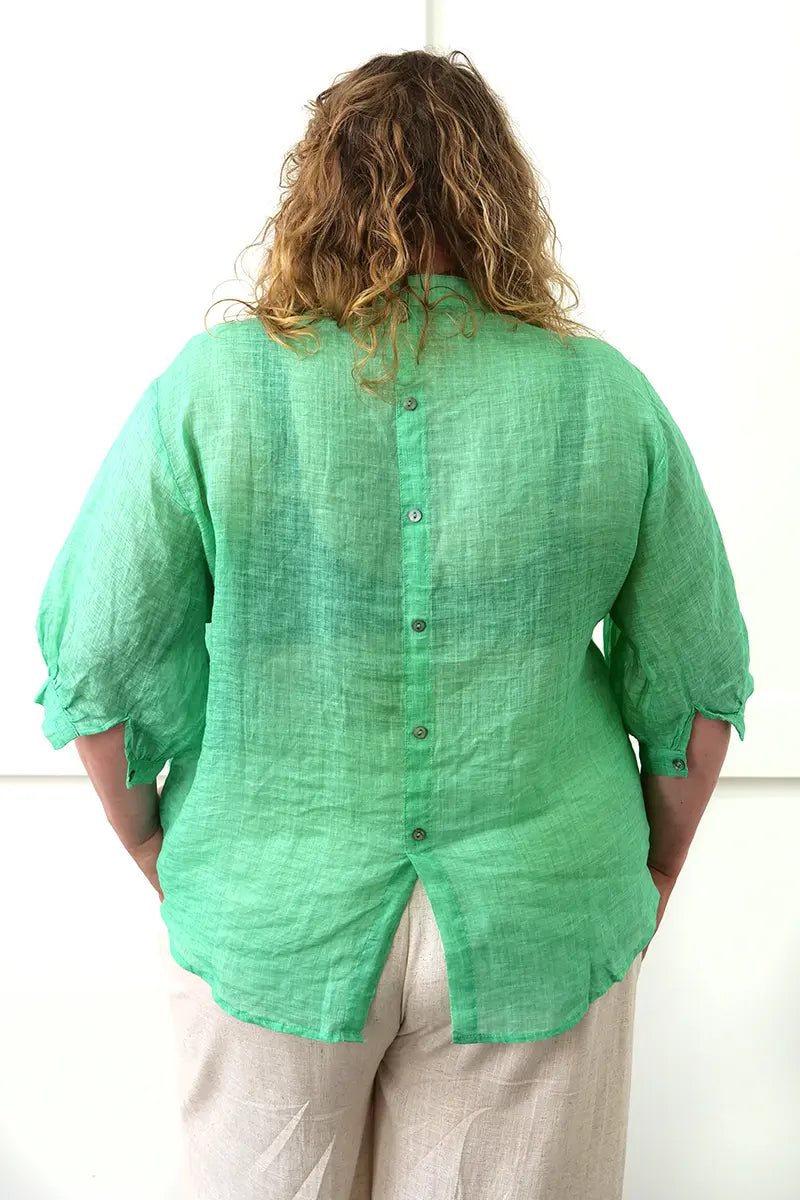 back view Women's Button Back Linen Shirt in Green