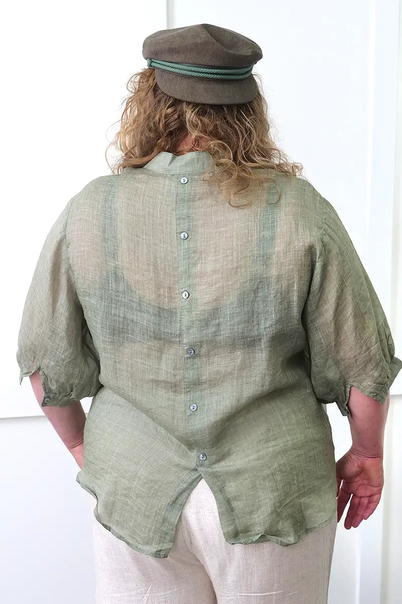 Women's Button Back Linen Shirt in Khaki back view