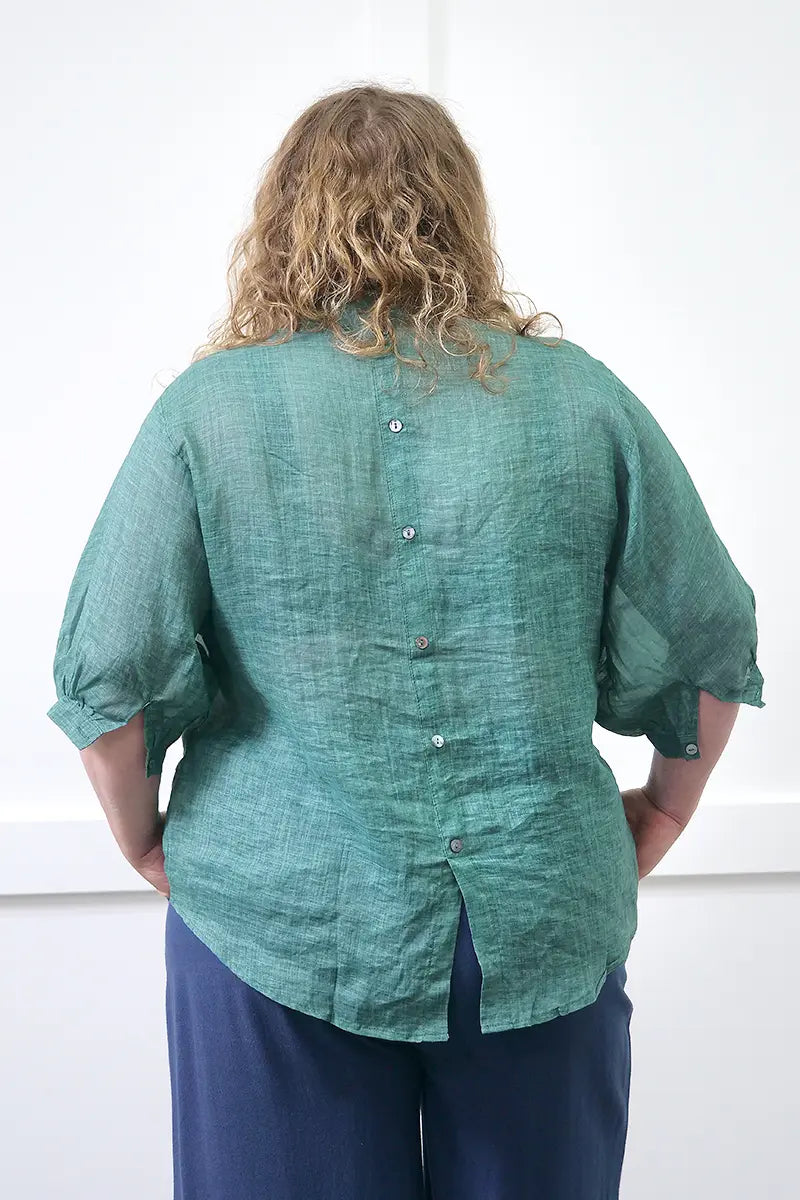 Women's Button Back Linen Shirt in Teal back view