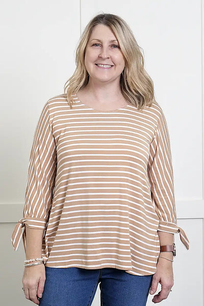 Women's Bamboo 3/4 Sleeve Top – Tobacco Stripe front view