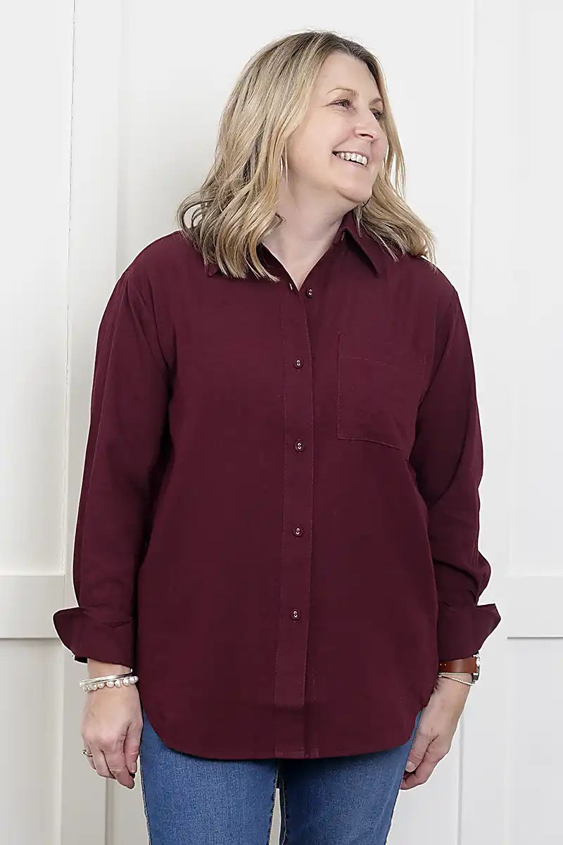 Women's Double Cuff Long Sleeve Shirt in Plum front 3/4 view