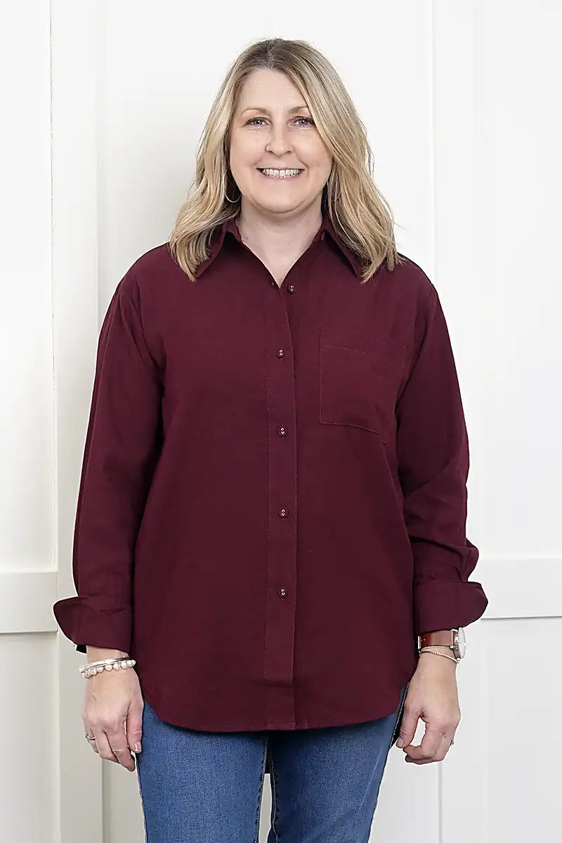 Women's Double Cuff Long Sleeve Shirt in Plum front view
