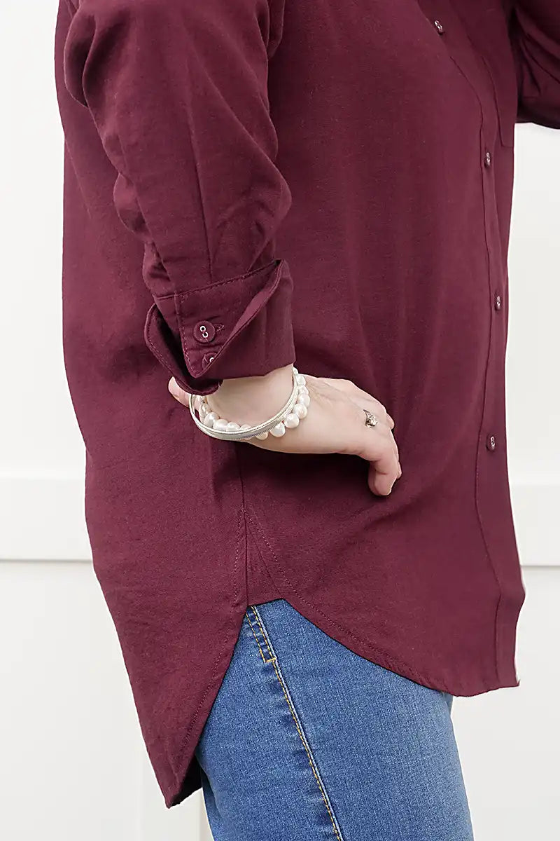 Women's Double Cuff Long Sleeve Shirt in Plum cuff and hem detail view