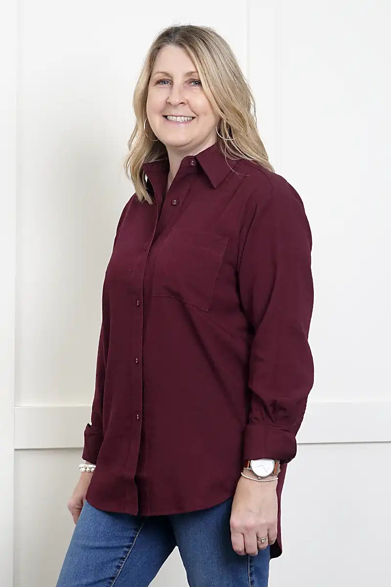 Women's Double Cuff Long Sleeve Shirt in Plum side view