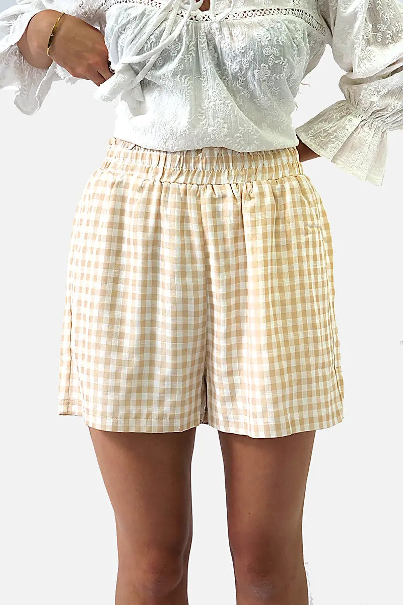 Women's Short Gingham Pocket Sunset close up front view