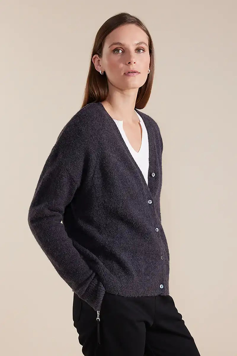 Marco Polo Long Sleeve Fluffy Button Thru Cardi in Graphite side