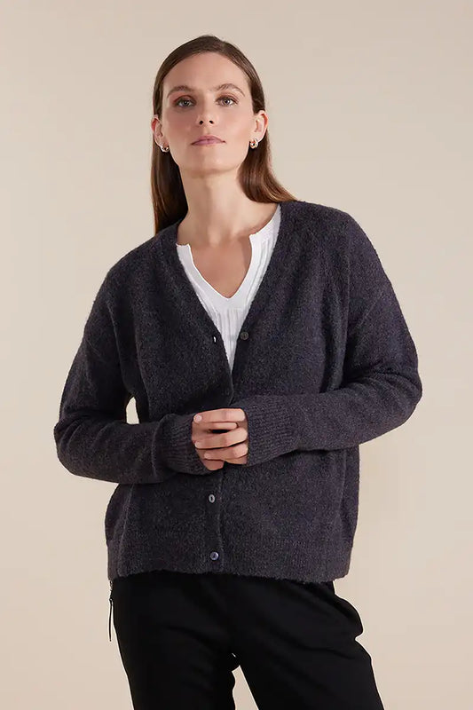Marco Polo Long Sleeve Fluffy Button Thru Cardi in Graphite Front