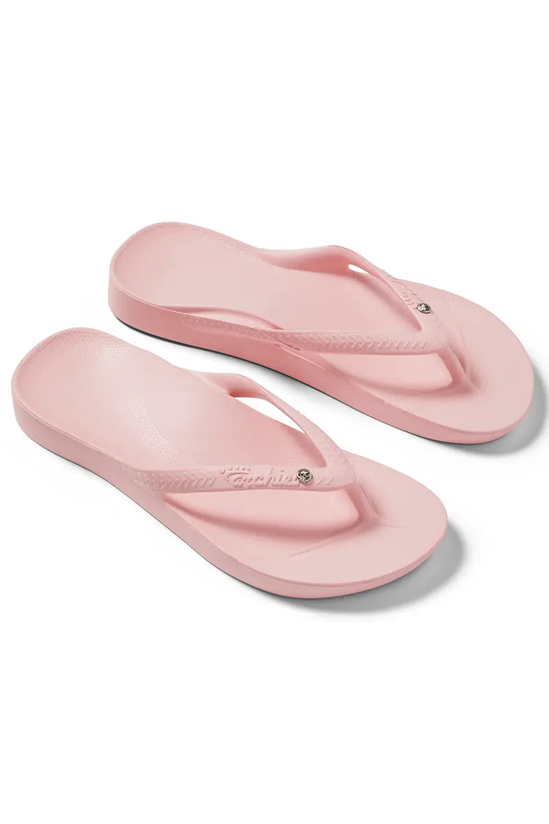 arial 3/4 view of the Archies Arch Support Thongs in Crystal Pink